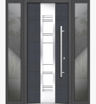 Front Exterior Prehung Steel Door / Deux 0757 Gray Graphite / 2 Side Exterior Windows / Stainless Inserts Single Modern Painted-W12+36+12" x H80"-Left-hand Inswing