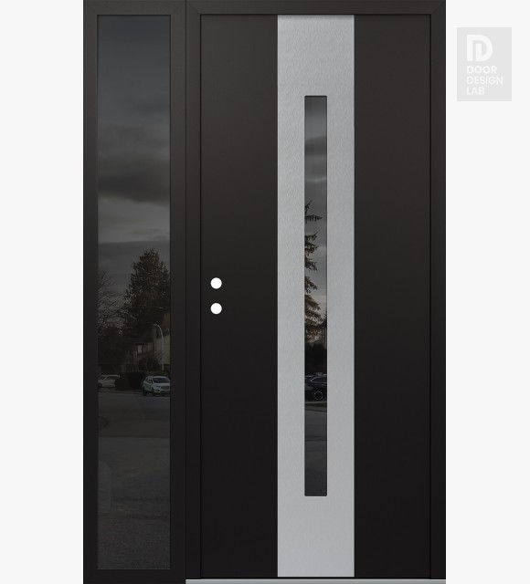 Modern Steel Front Door DIAMOND A2 52" X 80" BLACK/BLACK MIRRORED GLASS PANEL STAINLESS STEEL RHI WITH SIDELITE MIRRORED GLASS