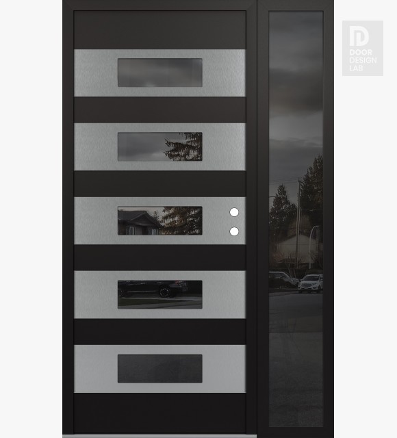 Modern Steel Front Door Diamond D5 50" x 80" black/black mirrored Glass Panel stainless steel LHI with Sidelite mirrored Glass