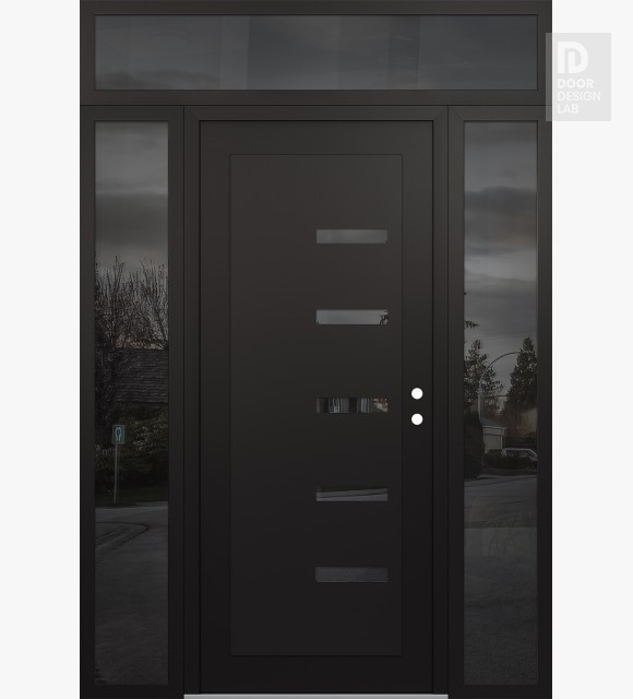 Modern Steel Front Door Diamond C8 60" x 96" black/black mirrored Glass Panel black LHI with 2 Sidelites and Transom mirrored Glass