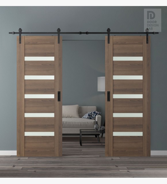 DOUBLE BARN DOOR AVON 07-04 VETRO PECAN NUTWOOD 64" X 96" X 1 3/4" BLACK HARDWARE