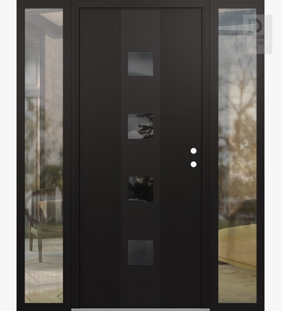 Modern Steel Front Door DIAMOND A12 68" X 80" BLACK/BLACK MIRRORED GLASS PANEL BLACK LHI WITH 2 SIDELITES CLEAR GLASS