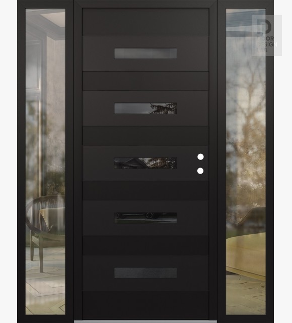 Modern Steel Front Door Diamond D9 64" x 80" black/black mirrored Glass Panel black LHI with 2 Sidelites clear Glass
