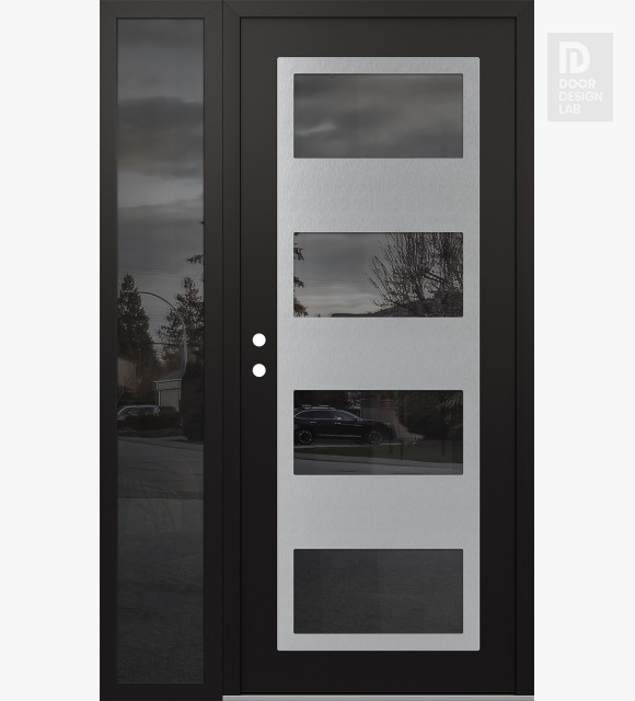 Modern Steel Front Door Diamond C2 50" x 80" black/black mirrored Glass Panel stainless steel RHI with Sidelite mirrored Glass
