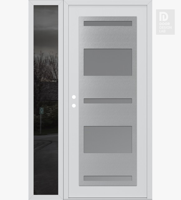Modern Steel Front Door Diamond C10 48" x 80" white/white frosted Glass Panel stainless steel RHI with Sidelite mirrored Glass