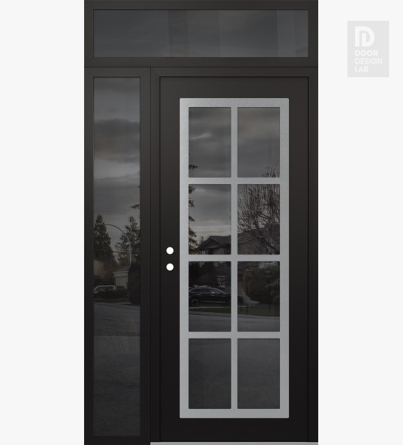 Modern Steel Front Door Diamond C16 52" x 96" black/black mirrored Glass Panel stainless steel RHI with Sidelite and Transom mirrored Glass