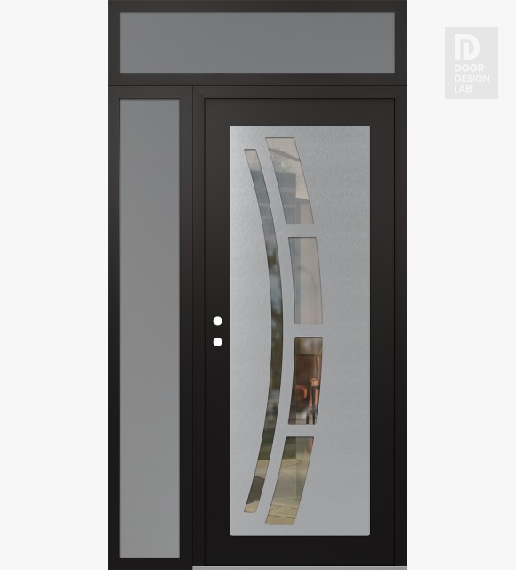 Modern Steel Front Door Diamond C12 50" x 96" black/black clear Glass Panel stainless steel RHI with Sidelite and Transom frosted Glass