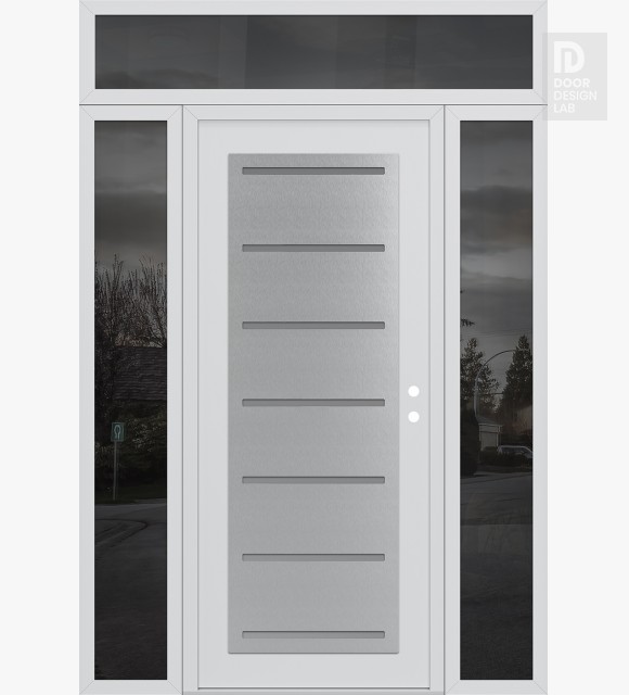 Modern Steel Front Door Diamond C11 64" x 96" white/white frosted Glass Panel stainless steel LHI with 2 Sidelites and Transom mirrored Glass