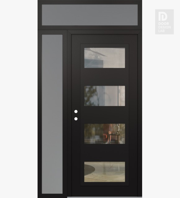 Modern Steel Front Door Diamond C2 48" x 96" black/black clear Glass Panel black RHI with Sidelite and Transom frosted Glass