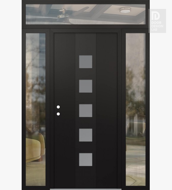 Modern Steel Front Door DIAMOND A13 64" X 96" BLACK/WHITE FROSTED GLASS PANEL BLACK RHI WITH 2 SIDELITES AND TRANSOM CLEAR GLASS