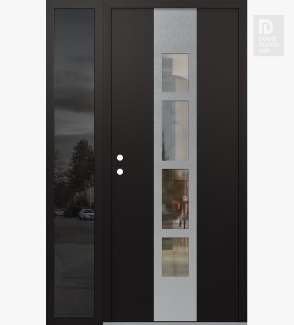 Modern Steel Front Door DIAMOND A10 52" X 80" BLACK/BLACK CLEAR GLASS PANEL STAINLESS STEEL RHI WITH SIDELITE MIRRORED GLASS