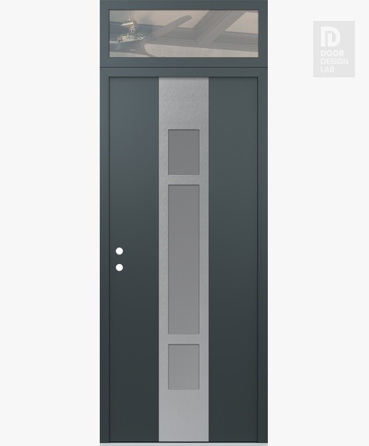 Modern Steel Front Door DIAMOND A9 36" X 96" ANTHRACITE/ANTHRACITE FROSTED GLASS PANEL STAINLESS STEEL RHI WITH TRANSOM CLEAR GLASS