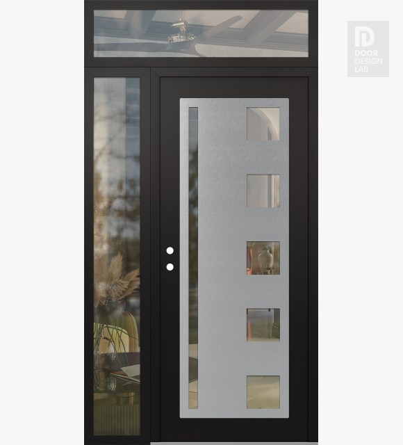 Modern Steel Front Door Diamond C3 50" x 96" black/black clear Glass Panel stainless steel RHI with Sidelite and Transom clear Glass