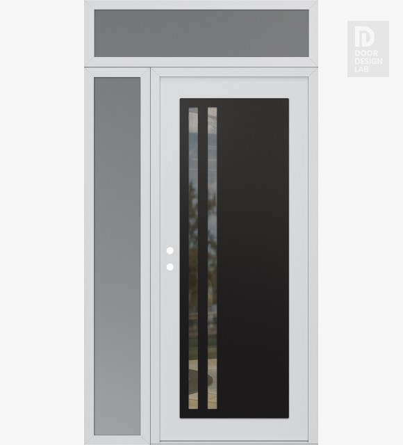 Modern Steel Front Door Diamond C6 50" x 96" white/white clear Glass Panel black RHI with Sidelite and Transom frosted Glass