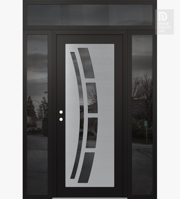 Modern Steel Front Door Diamond C12 60" x 96" black/black mirrored Glass Panel stainless steel RHI with 2 Sidelites and Transom mirrored Glass
