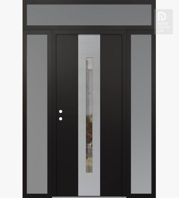 Modern Steel Front Door DIAMOND A2 64" X 96" BLACK/BLACK CLEAR GLASS PANEL STAINLESS STEEL RHI WITH 2 SIDELITES AND TRANSOM FROSTED GLASS