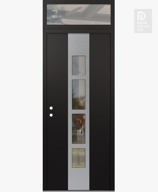 Modern Steel Front Door DIAMOND A10 36" X 96" BLACK/BLACK CLEAR GLASS PANEL STAINLESS STEEL RHI WITH TRANSOM CLEAR GLASS