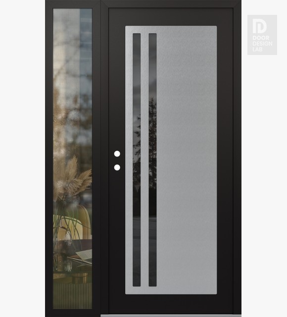 Modern Steel Front Door Diamond C6 50" x 80" black/black mirrored Glass Panel stainless steel RHI with Sidelite clear Glass