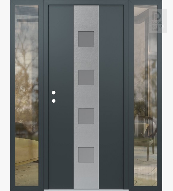 Modern Steel Front Door DIAMOND A12 68" X 80" ANTHRACITE/ANTHRACITE FROSTED GLASS PANEL STAINLESS STEEL RHI WITH 2 SIDELITES CLEAR GLASS
