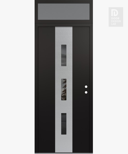 Modern Steel Front Door DIAMOND A7 36" X 96" BLACK/BLACK MIRRORED GLASS PANEL STAINLESS STEEL LHI WITH TRANSOM FROSTED GLASS