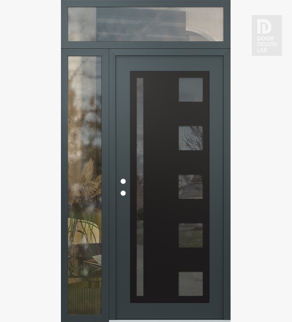 Modern Steel Front Door Diamond C3 52" x 96" anthracite/anthracite mirrored Glass Panel black RHI with Sidelite and Transom clear Glass