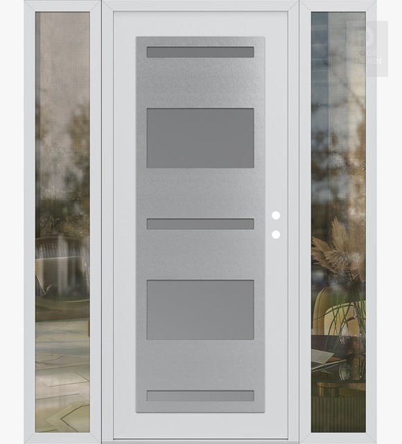 Modern Steel Front Door Diamond C10 60" x 80" white/white frosted Glass Panel stainless steel LHI with 2 Sidelites clear Glass