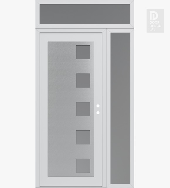 Modern Steel Front Door Diamond C5 52" x 96" white/white frosted Glass Panel stainless steel LHI with Sidelite and Transom frosted Glass