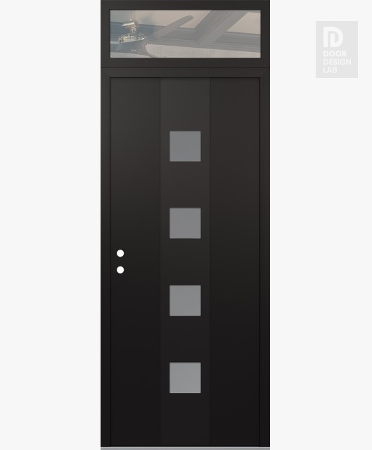 Modern Steel Front Door DIAMOND A12 36" X 96" BLACK/WHITE FROSTED GLASS PANEL BLACK RHI WITH TRANSOM CLEAR GLASS