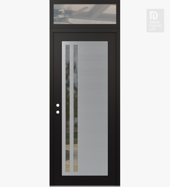 Modern Steel Front Door Diamond C6 36" x 96" black/black clear Glass Panel stainless steel RHI with Transom clear Glass