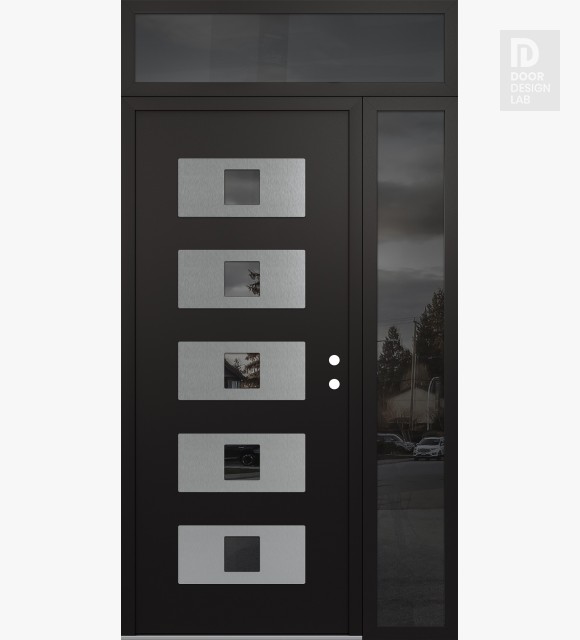 Modern Steel Front Door Diamond D8 52" x 96" black/black mirrored Glass Panel stainless steel LHI with Sidelite and Transom mirrored Glass