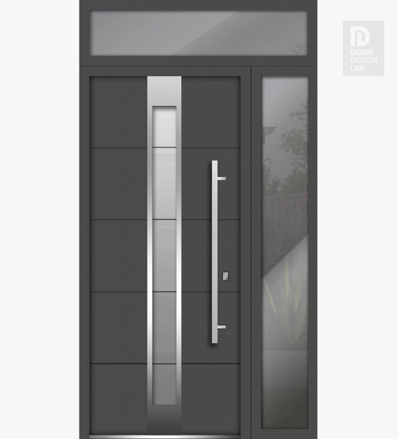 Front Exterior Prehung Steel Door / Deux 1717 Gray Graphite / Side and Top Exterior Window / Stainless Inserts Single Modern Painted-W36+14" x H80+16"-Left-hand Inswing