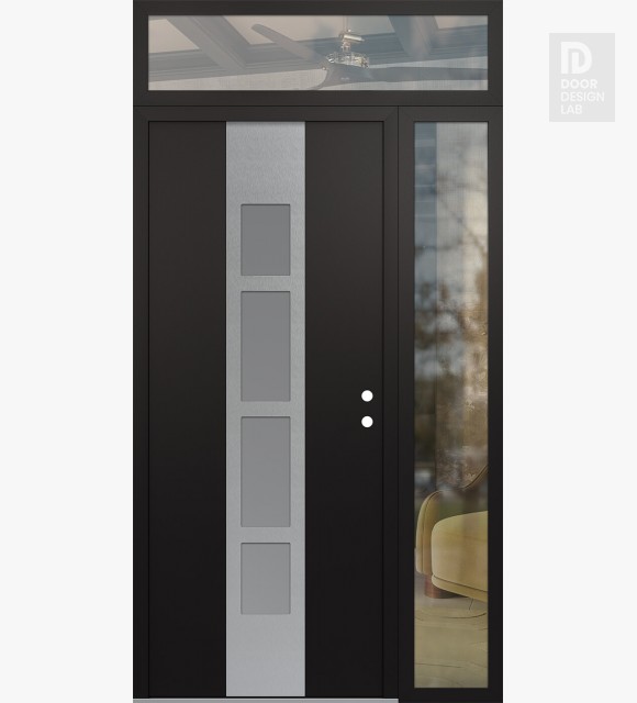 Modern Steel Front Door DIAMOND A10 48" X 96" BLACK/WHITE FROSTED GLASS PANEL STAINLESS STEEL LHI WITH SIDELITE AND TRANSOM CLEAR GLASS