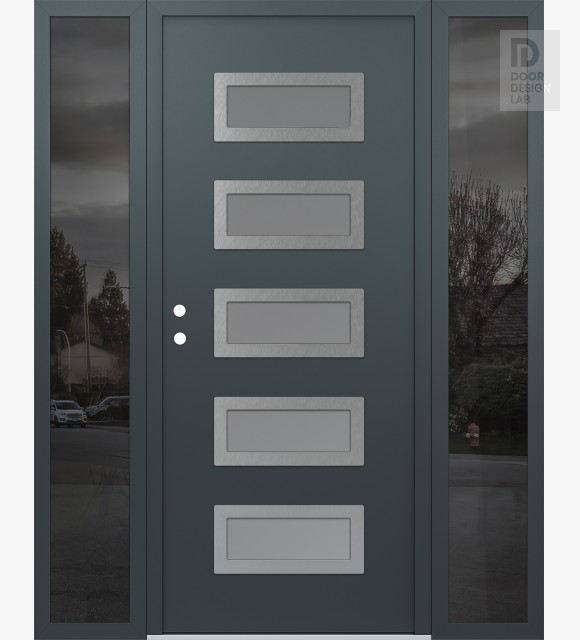 Modern Steel Front Door Diamond D1 60" x 80" anthracite/anthracite frosted Glass Panel stainless steel RHI with 2 Sidelites mirrored Glass