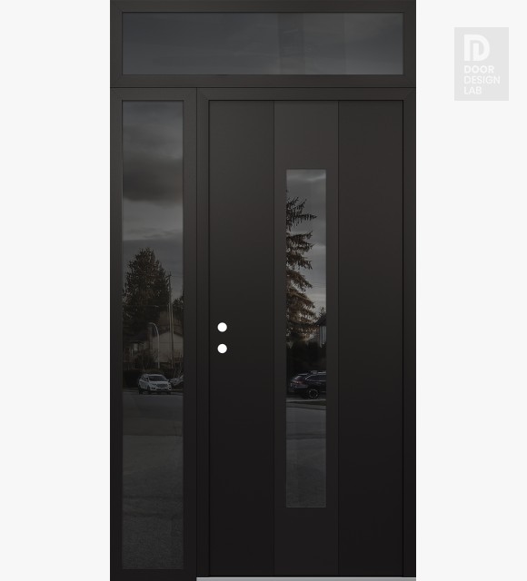 Modern Steel Front Door DIAMOND A1 52" X 96" BLACK/BLACK MIRRORED GLASS PANEL BLACK RHI WITH SIDELITE AND TRANSOM MIRRORED GLASS