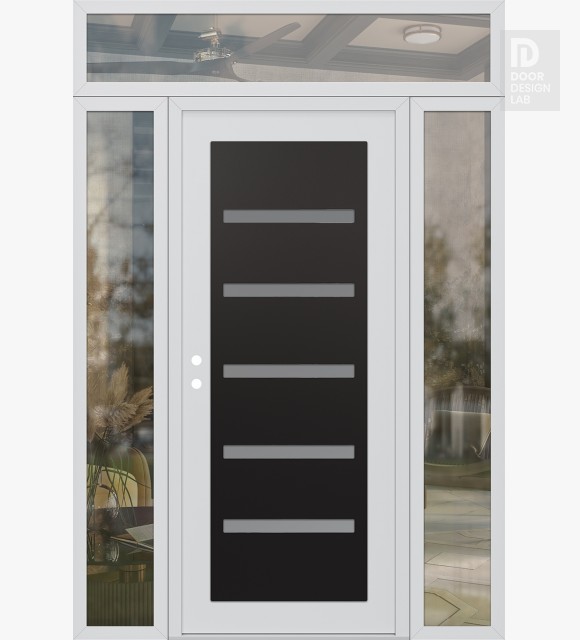 Modern Steel Front Door Diamond C7 64" x 96" white/white frosted Glass Panel black RHI with 2 Sidelites and Transom clear Glass