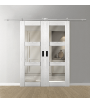 DOUBLE BARN DOOR AVON 3 LITE VETRO RIBEIRA ASH 60" X 80" X 1 3/4" STAINLESS STEEL HARDWARE