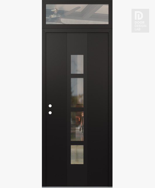 Modern Steel Front Door DIAMOND A10 36" X 96" BLACK/BLACK CLEAR GLASS PANEL BLACK RHI WITH TRANSOM CLEAR GLASS