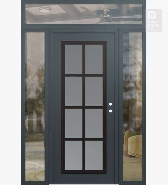 Modern Steel Front Door Diamond C16 68" x 96" anthracite/anthracite frosted Glass Panel black LHI with 2 Sidelites and Transom clear Glass