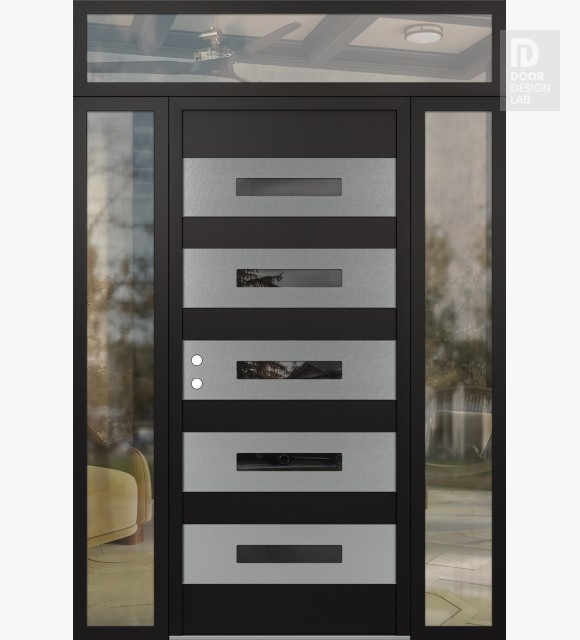 Modern Steel Front Door Diamond D9 64" x 96" black/black mirrored Glass Panel stainless steel RHI with 2 Sidelites and Transom clear Glass