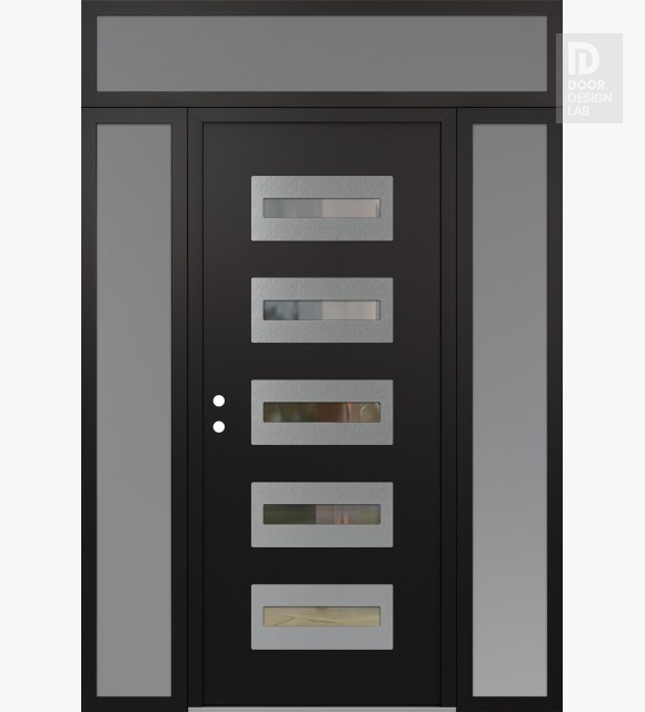 Modern Steel Front Door Diamond D4 68" x 96" black/black clear Glass Panel stainless steel RHI with 2 Sidelites and Transom frosted Glass