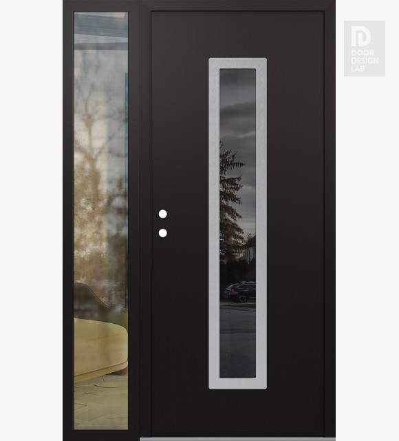 Modern Steel Front Door DIAMOND A11 50" X 80" BLACK/BLACK MIRRORED GLASS PANEL STAINLESS STEEL RHI WITH SIDELITE CLEAR GLASS