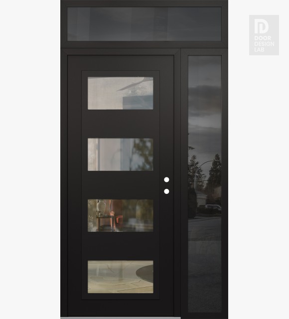 Modern Steel Front Door Diamond C2 52" x 96" black/black clear Glass Panel black LHI with Sidelite and Transom mirrored Glass
