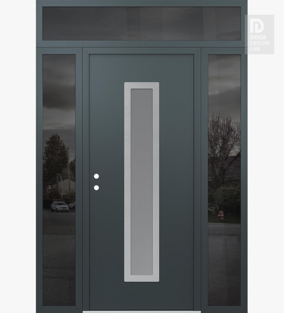 Modern Steel Front Door DIAMOND A11 68" X 96" ANTHRACITE/ANTHRACITE FROSTED GLASS PANEL STAINLESS STEEL RHI WITH 2 SIDELITES AND TRANSOM MIRRORED GLASS