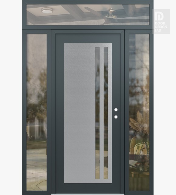 Modern Steel Front Door Diamond C6 68" x 96" anthracite/anthracite clear Glass Panel stainless steel LHI with 2 Sidelites and Transom clear Glass