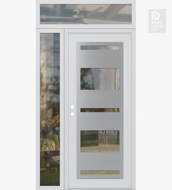 Modern Steel Front Door Diamond C10 48" x 96" white/white clear Glass Panel stainless steel RHI with Sidelite and Transom clear Glass