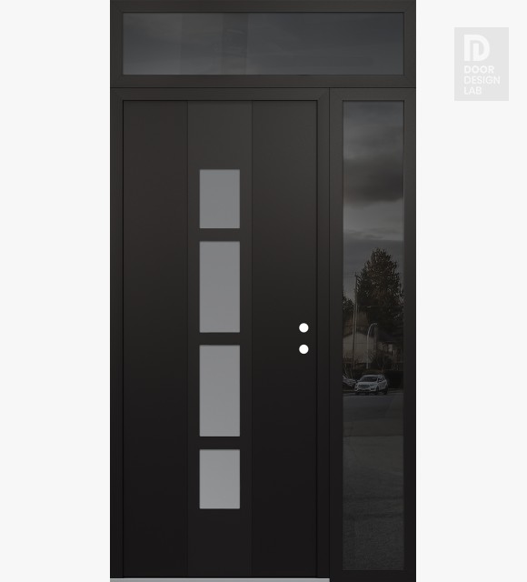 Modern Steel Front Door DIAMOND A10 52" X 96" BLACK/WHITE FROSTED GLASS PANEL BLACK LHI WITH SIDELITE AND TRANSOM MIRRORED GLASS