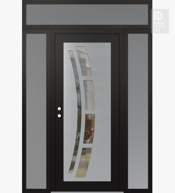 Modern Steel Front Door Diamond C12 64" x 96" black/black clear Glass Panel stainless steel RHI with 2 Sidelites and Transom frosted Glass
