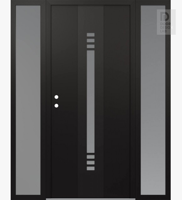 Modern Steel Front Door DIAMOND A5 64" X 80" BLACK/WHITE FROSTED GLASS PANEL BLACK RHI WITH 2 SIDELITES FROSTED GLASS