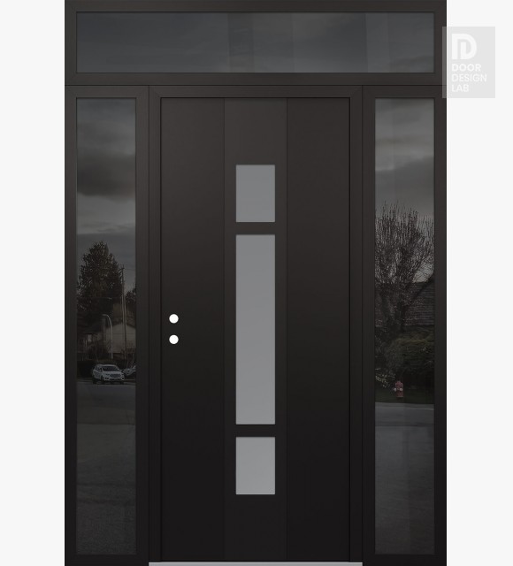 Modern Steel Front Door DIAMOND A9 68" X 96" BLACK/WHITE FROSTED GLASS PANEL BLACK RHI WITH 2 SIDELITES AND TRANSOM MIRRORED GLASS