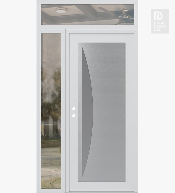 Modern Steel Front Door Diamond C13 50" x 96" white/white frosted Glass Panel stainless steel RHI with Sidelite and Transom clear Glass
